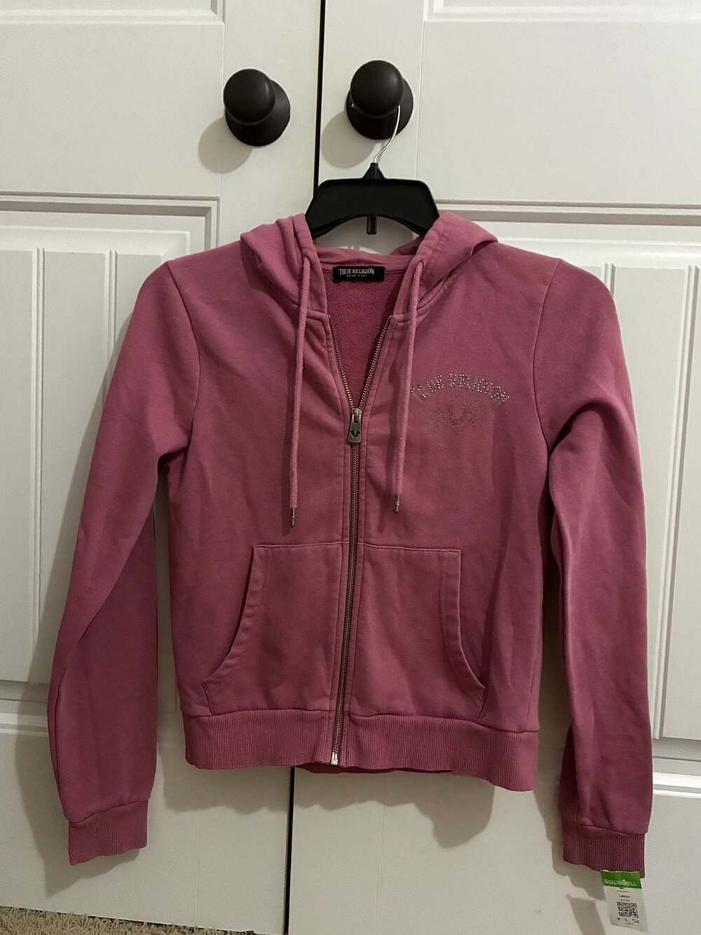 True Religion Women's Pink Crystal Metallic Zip Hoodie Size L
